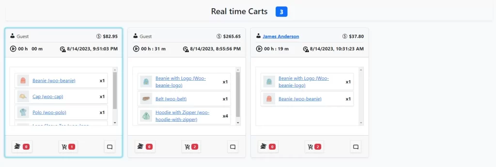 woocommerce real time cart tracker - real time carts list