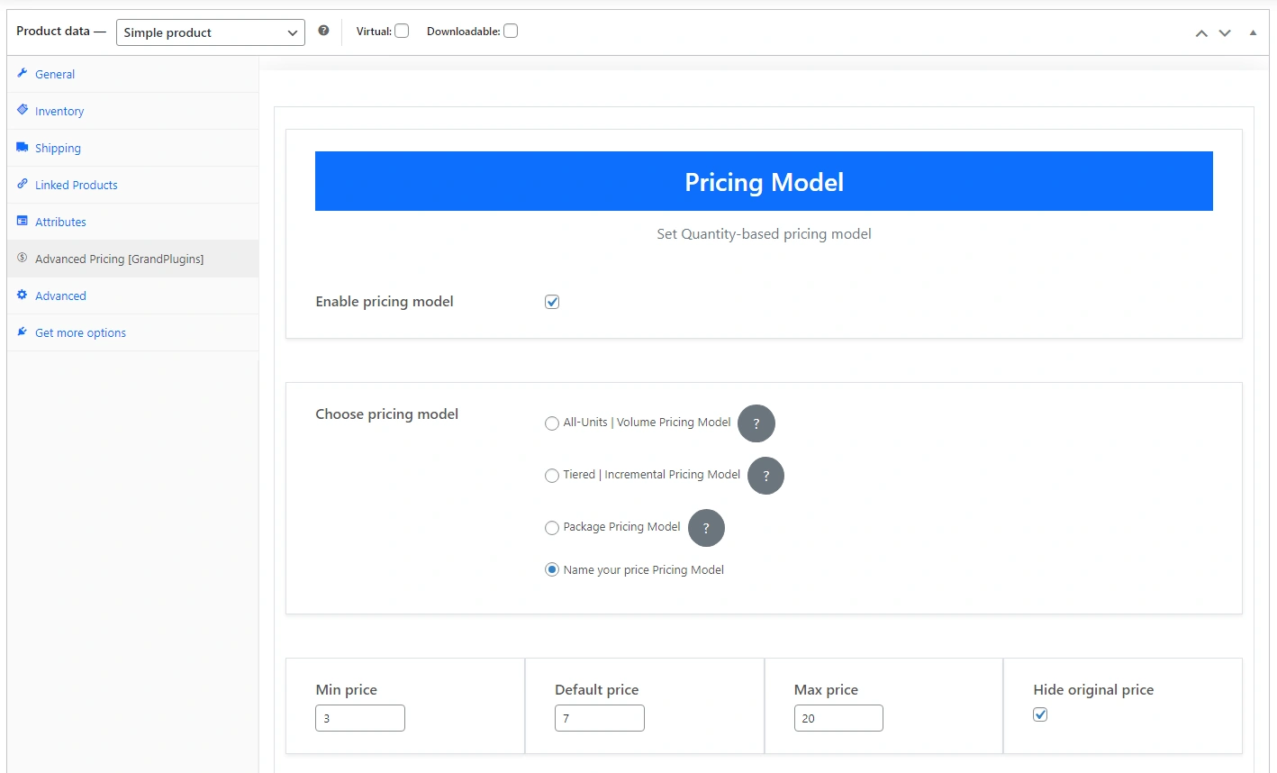 Name your price mode in WooComerce - Edit settings