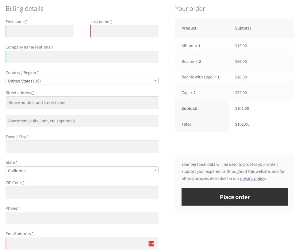 WooCommerce checkout fields - Default fields