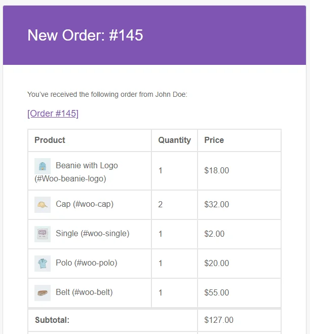 WooCommerce Order emails showing products images