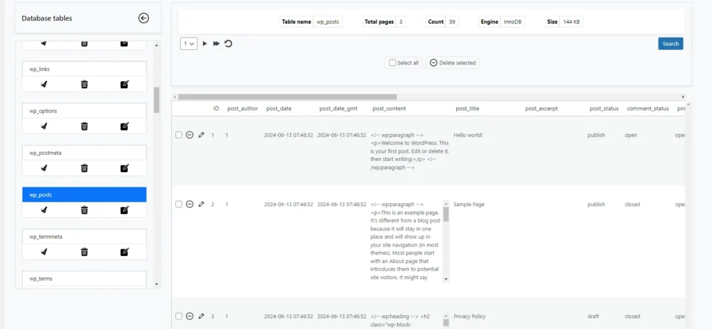 WP DB Controller Plugin - list all database tables