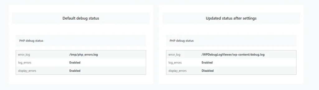 WP Debug Viewer - php error settings status