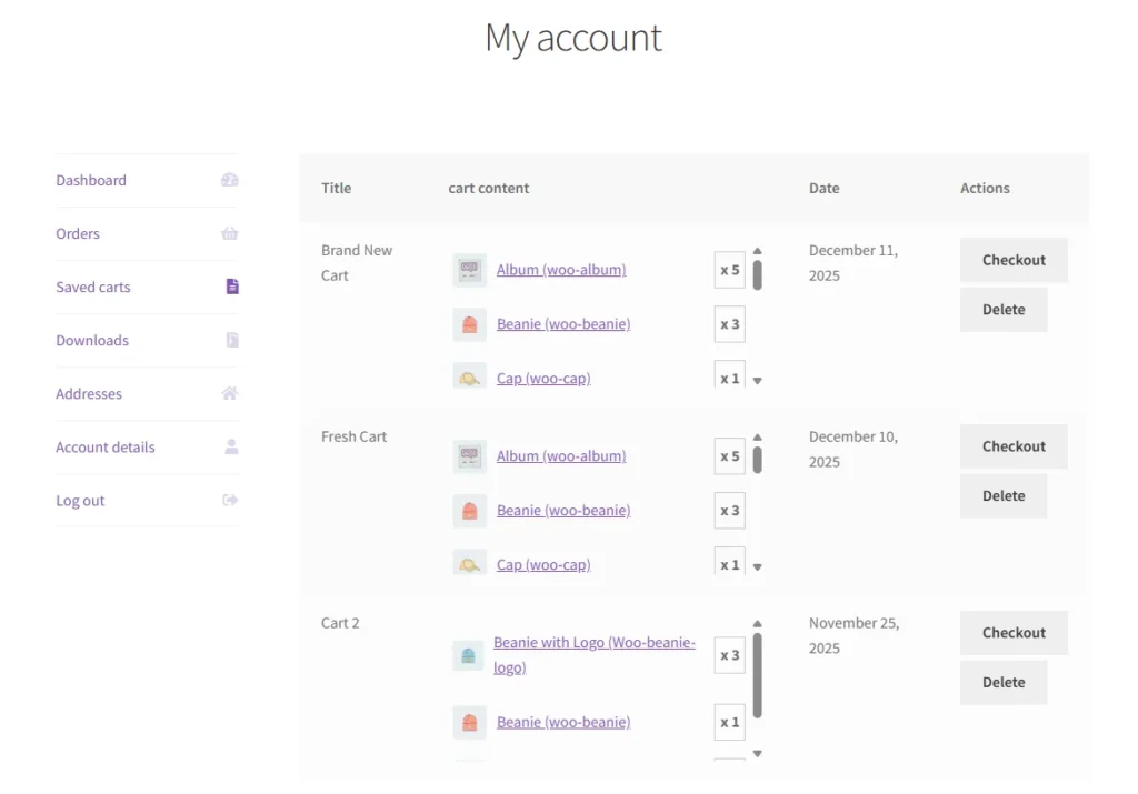 woo save cart - myaccount-page