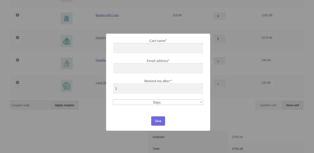 woo save cart - reminder options