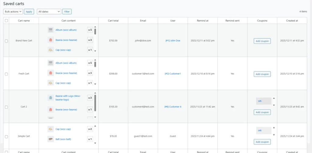 woo save cart - saved carts list